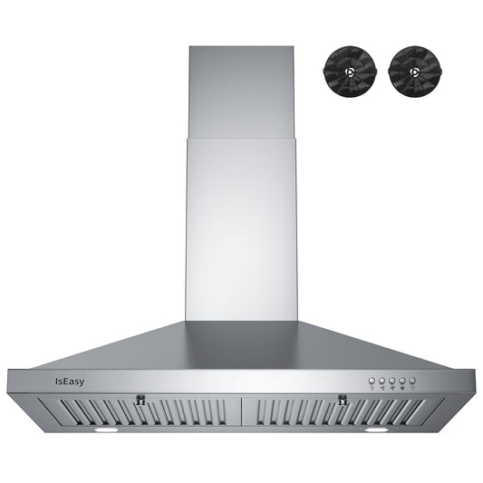 Range Hood 30 inch,Wall Mount Range Hood in Stainless Steel With Ducted/Ductless Convertible, Kitchen Chimney-Style Over Stove Vent, 3 Speed Exhaust Fan, LED Lights in Stainless Steel