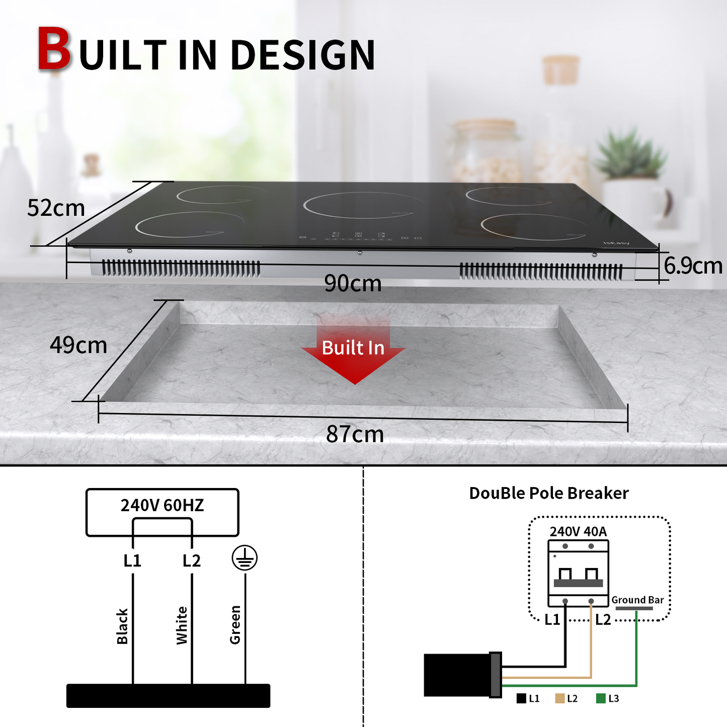 IsEasy Induction Cooktop, 35" 5 Burners Electric Stove, 8600W 220V with Boost