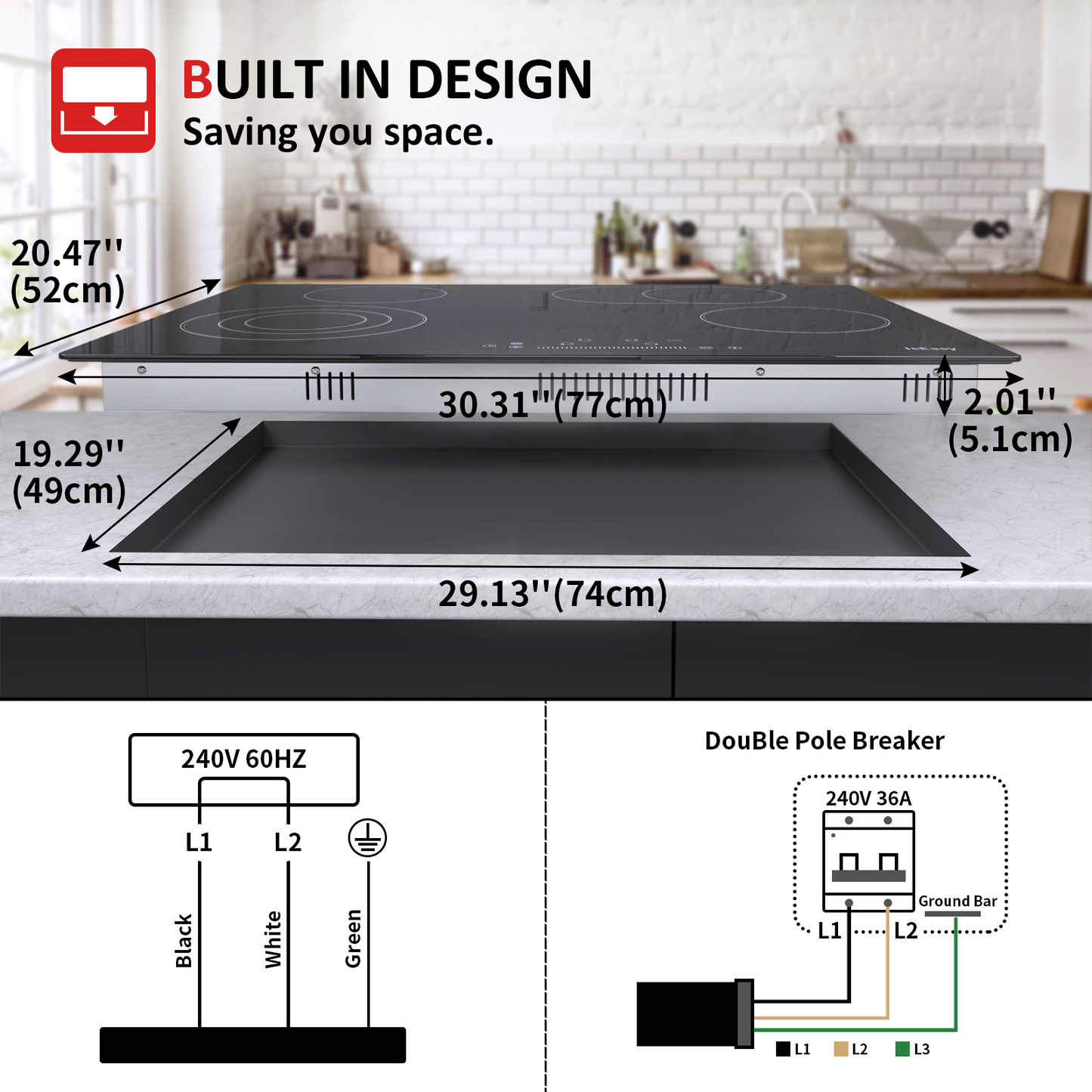 IsEasy Ceramic Cooktop, 30" 4 Burners Electric Stove, 7200W 220V