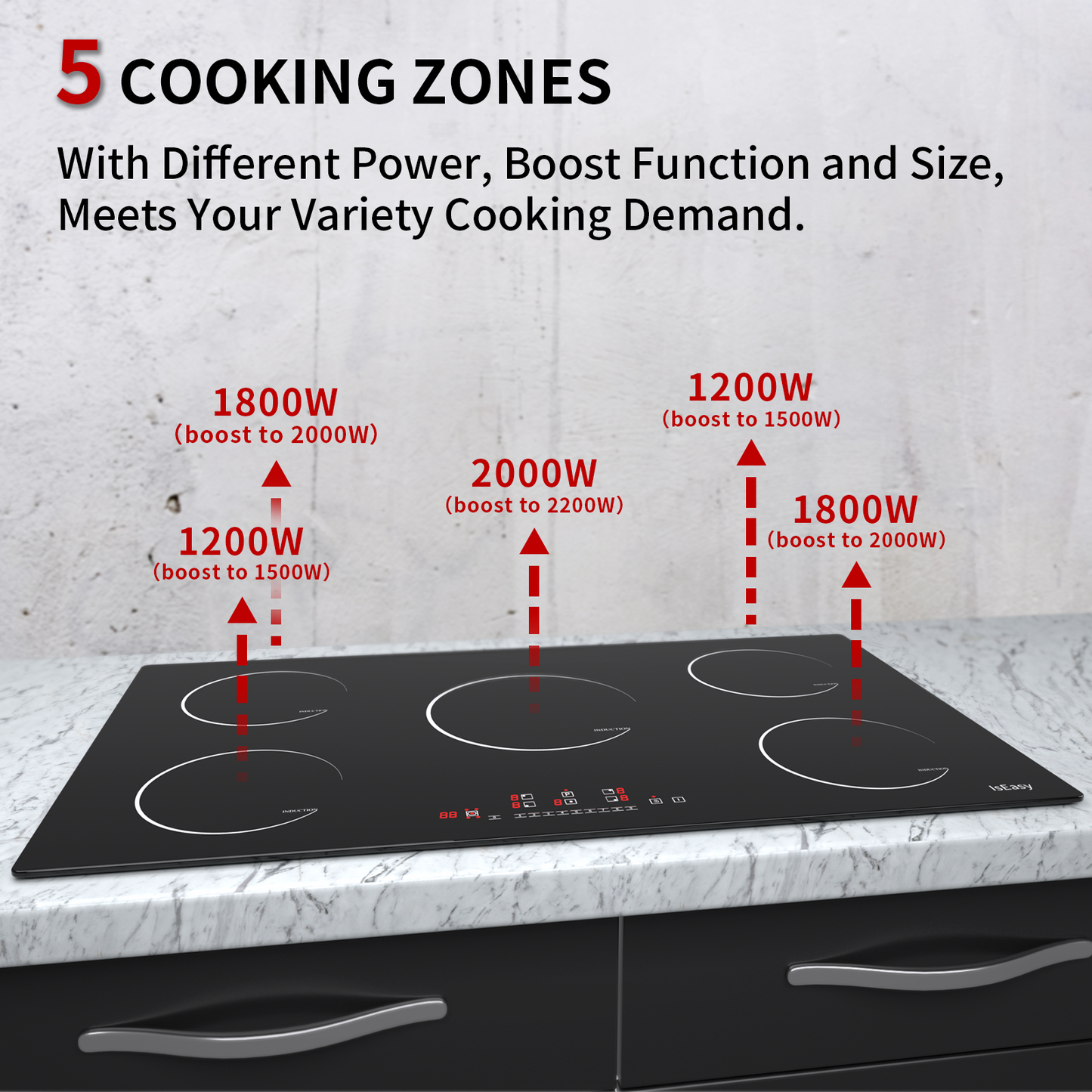 IsEasy Induction Cooktop, 35" 5 Burners Electric Stove, 8600W 220V with Boost