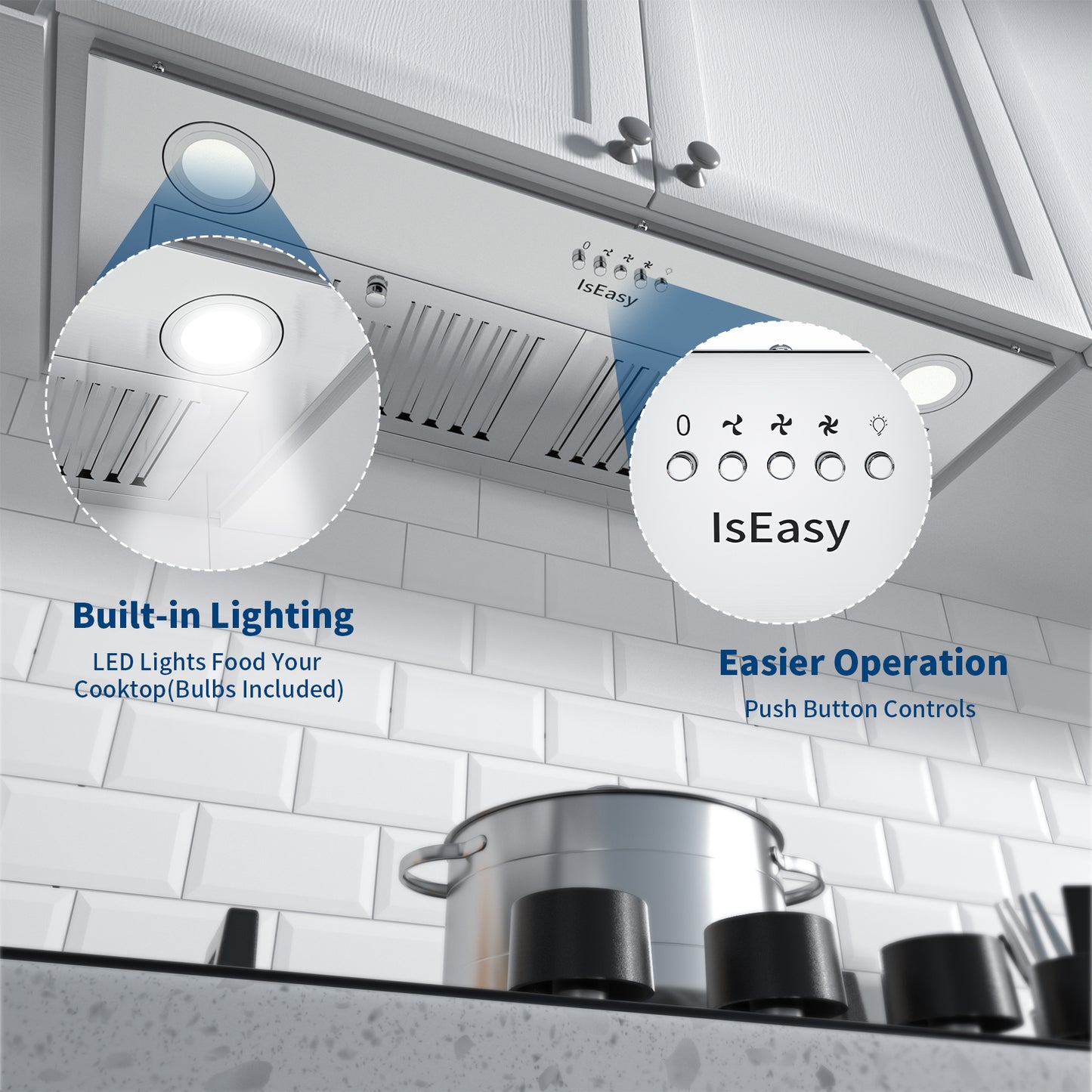 IsEasy Range Hood 30 inch, Built-in Vent Hood with 3 Speed Exhaust Fan, Ducted/Ductless Range Hood, Stainless Steel Range Hoods with Light