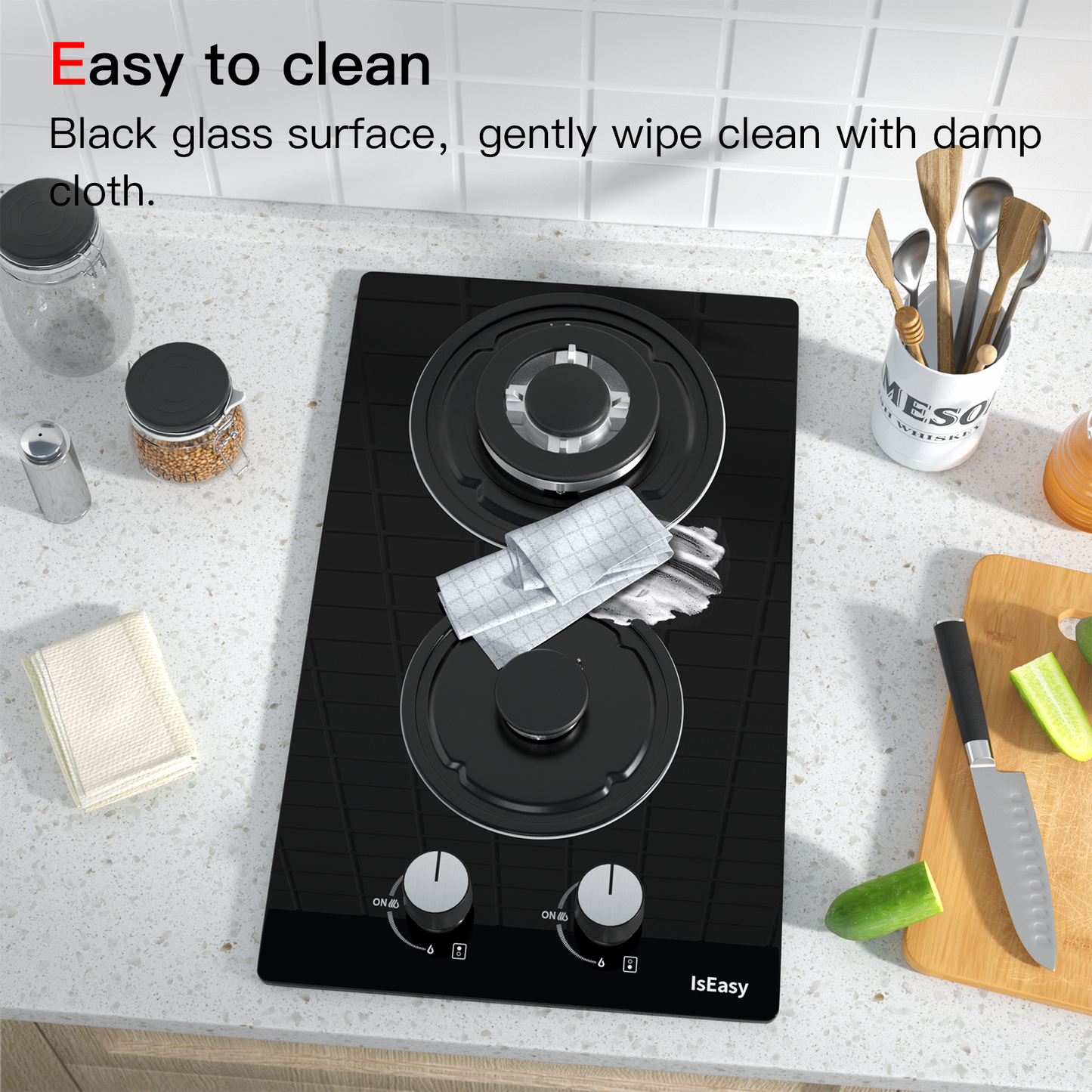 IsEasy Gas Cooktop, 12” 2 Burners Built-in Gas Hob, Tempered Glass Stove Top