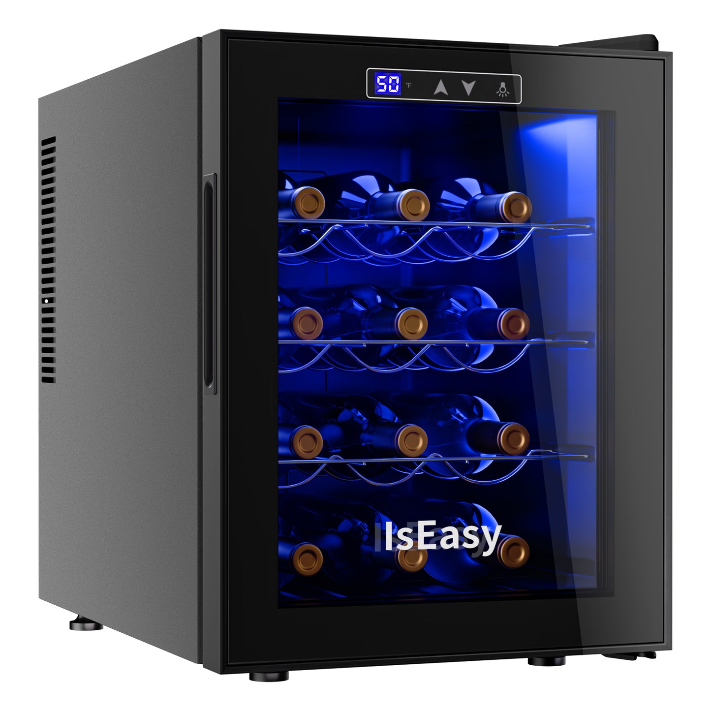 IsEasy 12 Bottle Compressor Wine Cooler Refrigerator, Mini Wine Refrigerator for Home Bar, with Digital Temperature Control and Lighting, Black