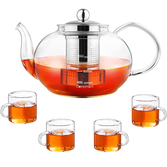 COPOTEA Teapot Set with Infuser, 40oz (1200ml) Clear Round Tea Kettle and 4 Cups