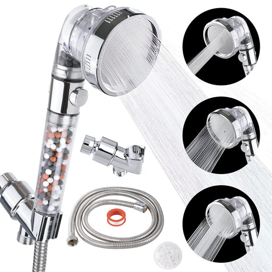 3 Modes High Pressure Filter Showerhead Set, Filtered Shower Head with Stop Button, Water Saving Filtered Shower Head for Dry Skin & Hair