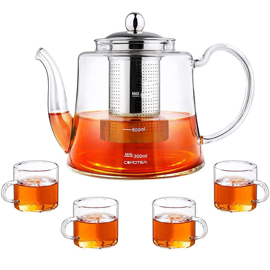 COPOTEA Teapot Set with Infuser, 40oz (1200ml) Clear Square Tea Kettle and 4 Cups