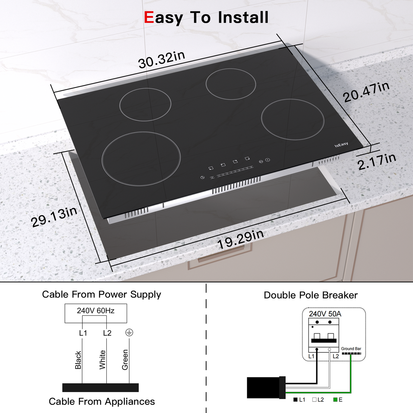 IsEasy Ceramic Cooktop, 30" 4 Burners Electric Stove, 6700W 220V