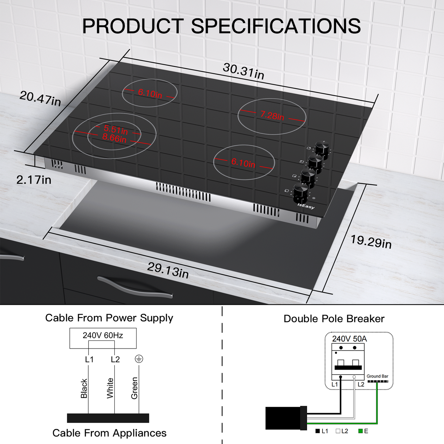 IsEasy Ceramic Cooktop with Knob, 30" 4 Burners Electric Stove, 6700W 220V