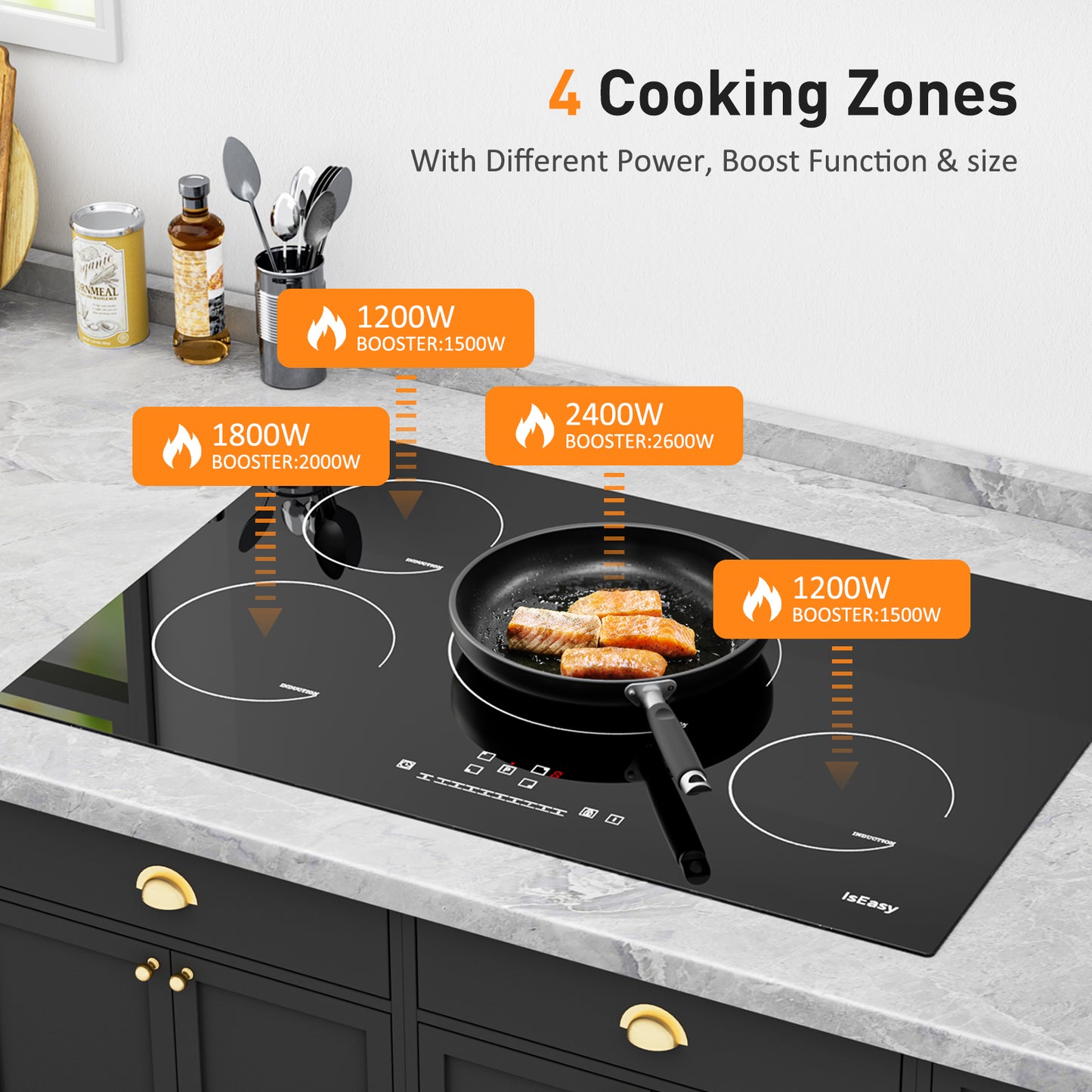 IsEasy Ceramic Cooktop, 30" 4 Burners Induction Stovetop, 9 Power Levels, Sensor Touch Control, Child Safety Lock, Timer