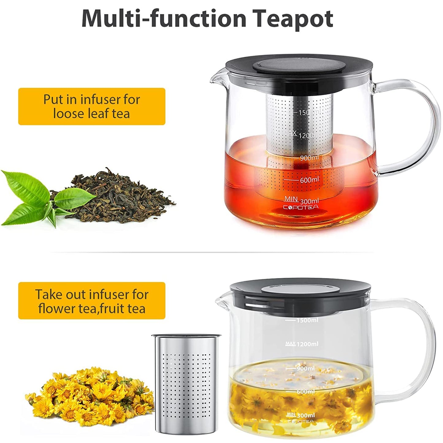 COPOTEA Clear Teapot with Infuser, 50oz (1500ml) Clear Tea Kettle