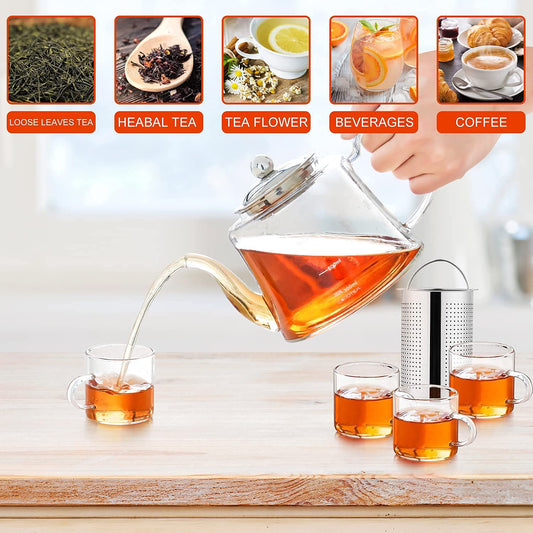 COPOTEA Teapot Set with Infuser, 40oz (1200ml) Clear Square Tea Kettle and 4 Cups