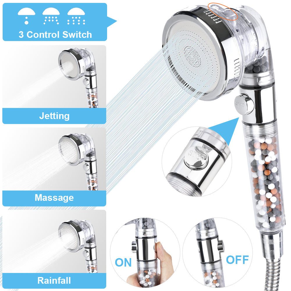 3 Modes High Pressure Filter Showerhead Set, Filtered Shower Head with Stop Button, Water Saving Filtered Shower Head for Dry Skin & Hair