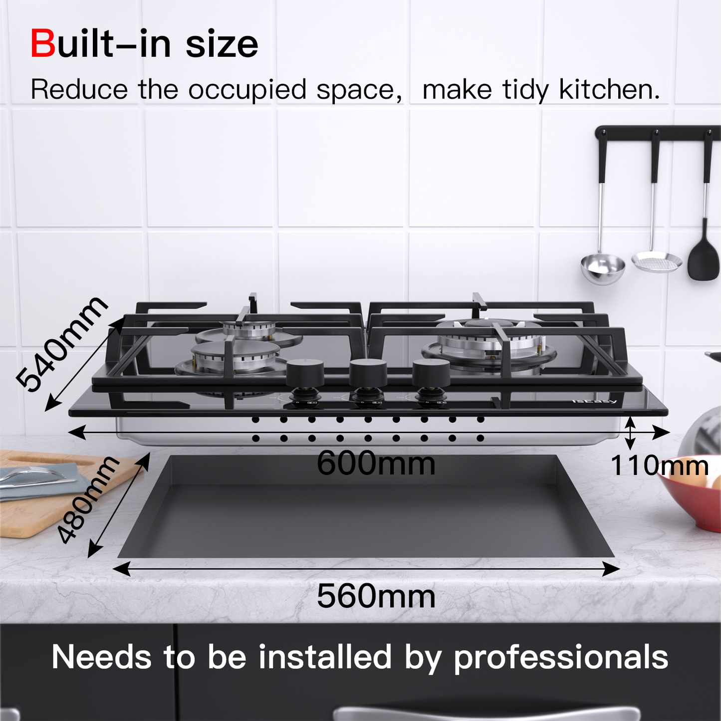 IsEasy Gas Cooktop, 24” 3 Burners Built-in Gas Hob, Tempered Glass Stove Top