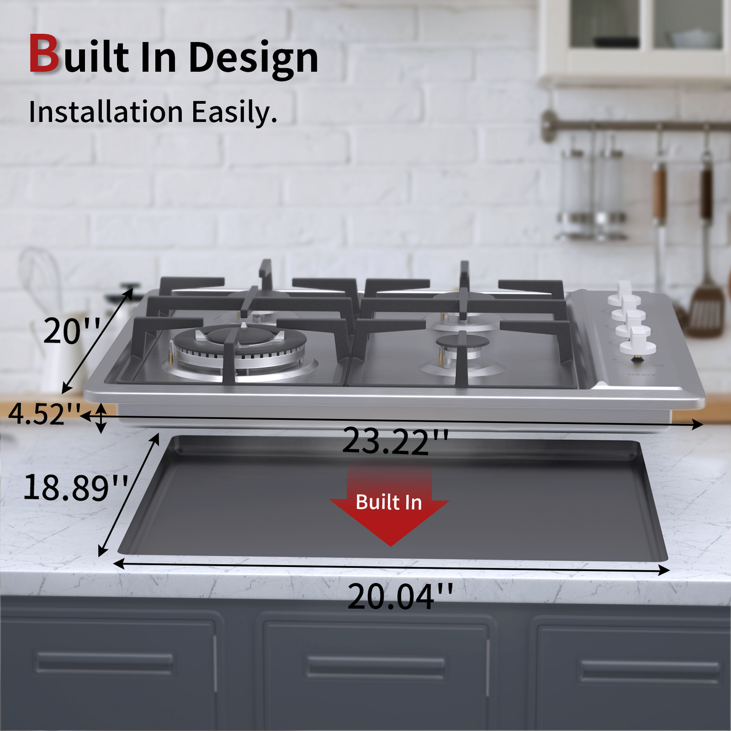 IsEasy Gas Cooktop, 24” 4 Burners Built-in Gas Hob, Stainless Steel Stove Top