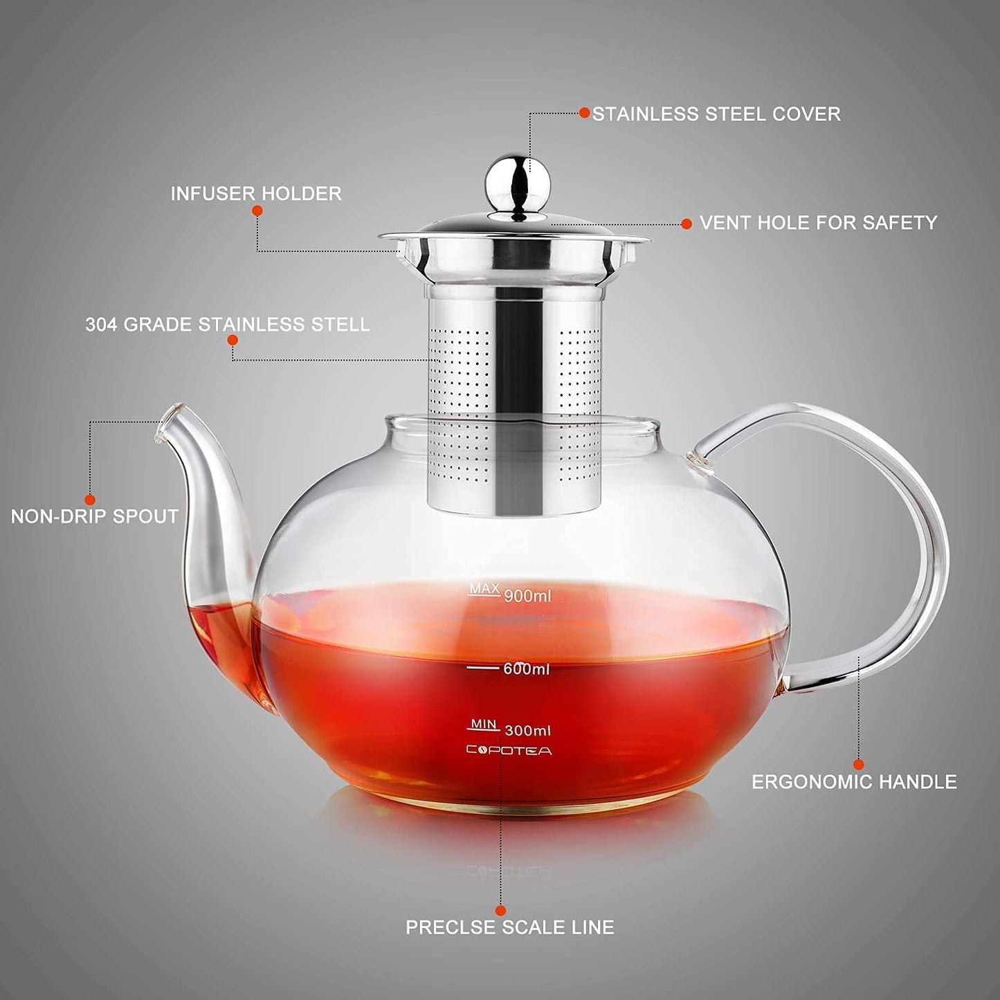 COPOTEA Teapot Set with Infuser, 40oz (1200ml) Clear Round Tea Kettle and 4 Cups