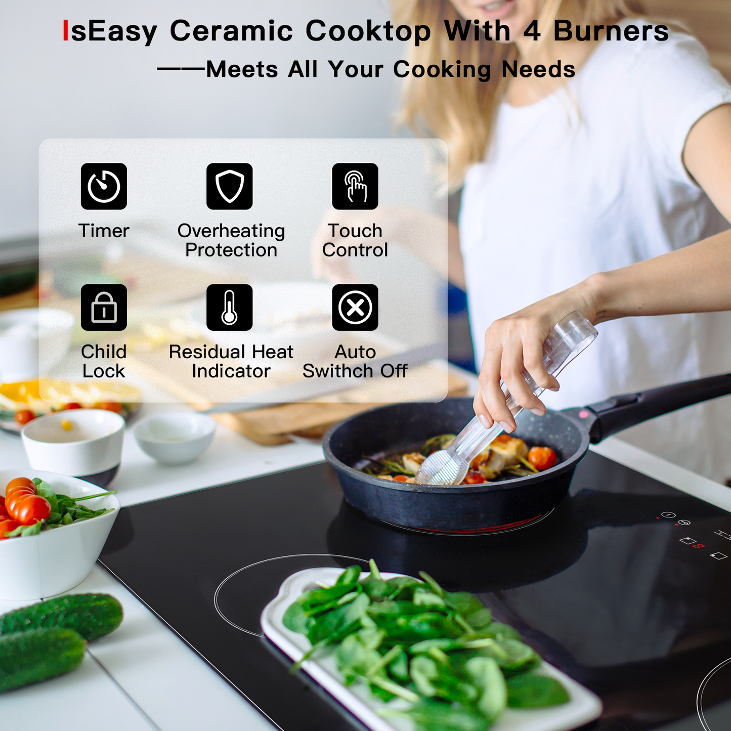 IsEasy Ceramic Cooktop, 30" 4 Burners Electric Stove, 6700W 220V