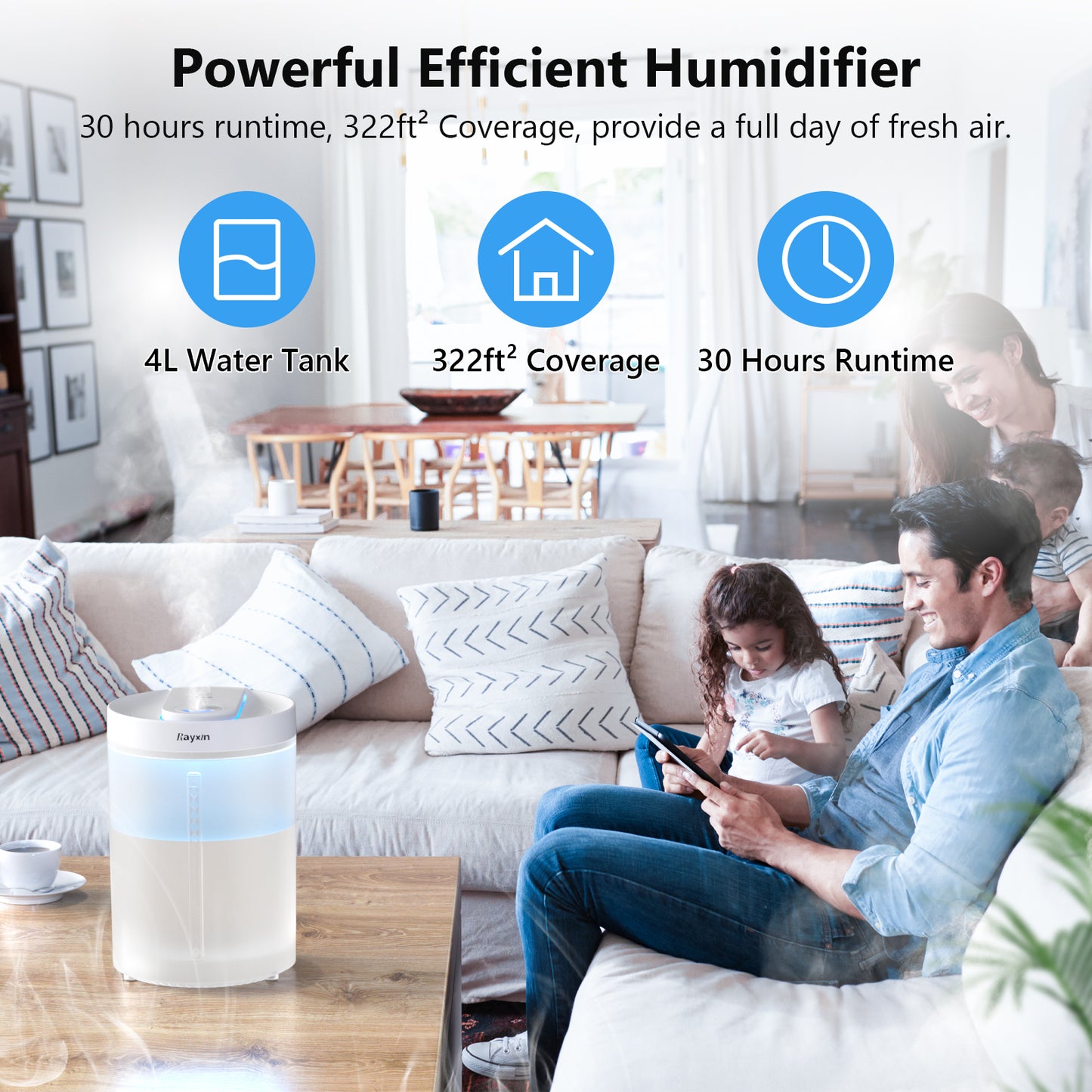 Rayxin Air Humidifier, 4L/1Gal Humidifier,Essential Oil Diffuser,Air Humidifier for Plants,Ultra Quiet,Night Light,3 Mist Level,Auto Shut Off,No Leak