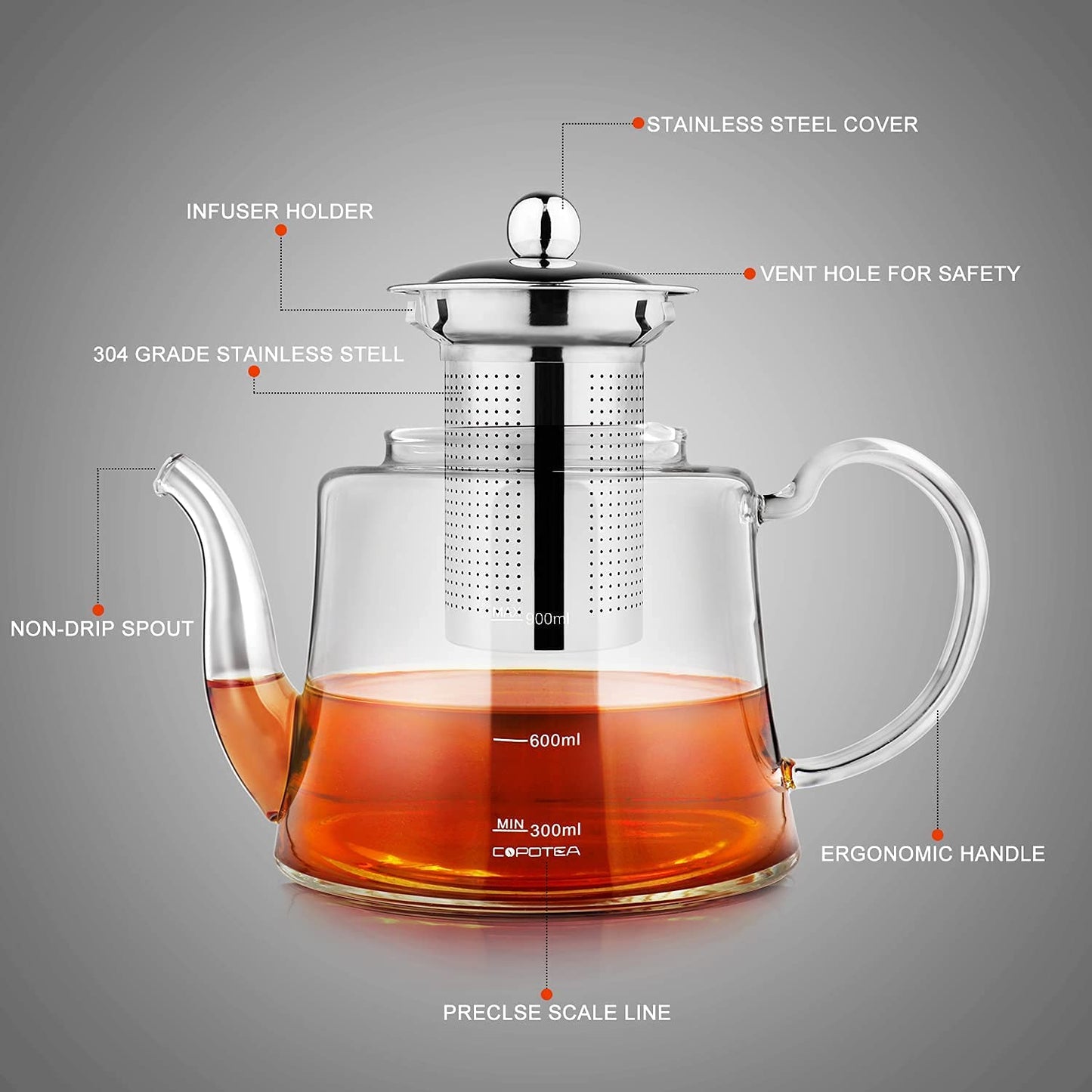 COPOTEA Teapot Set with Infuser, 40oz (1200ml) Clear Square Tea Kettle and 4 Cups