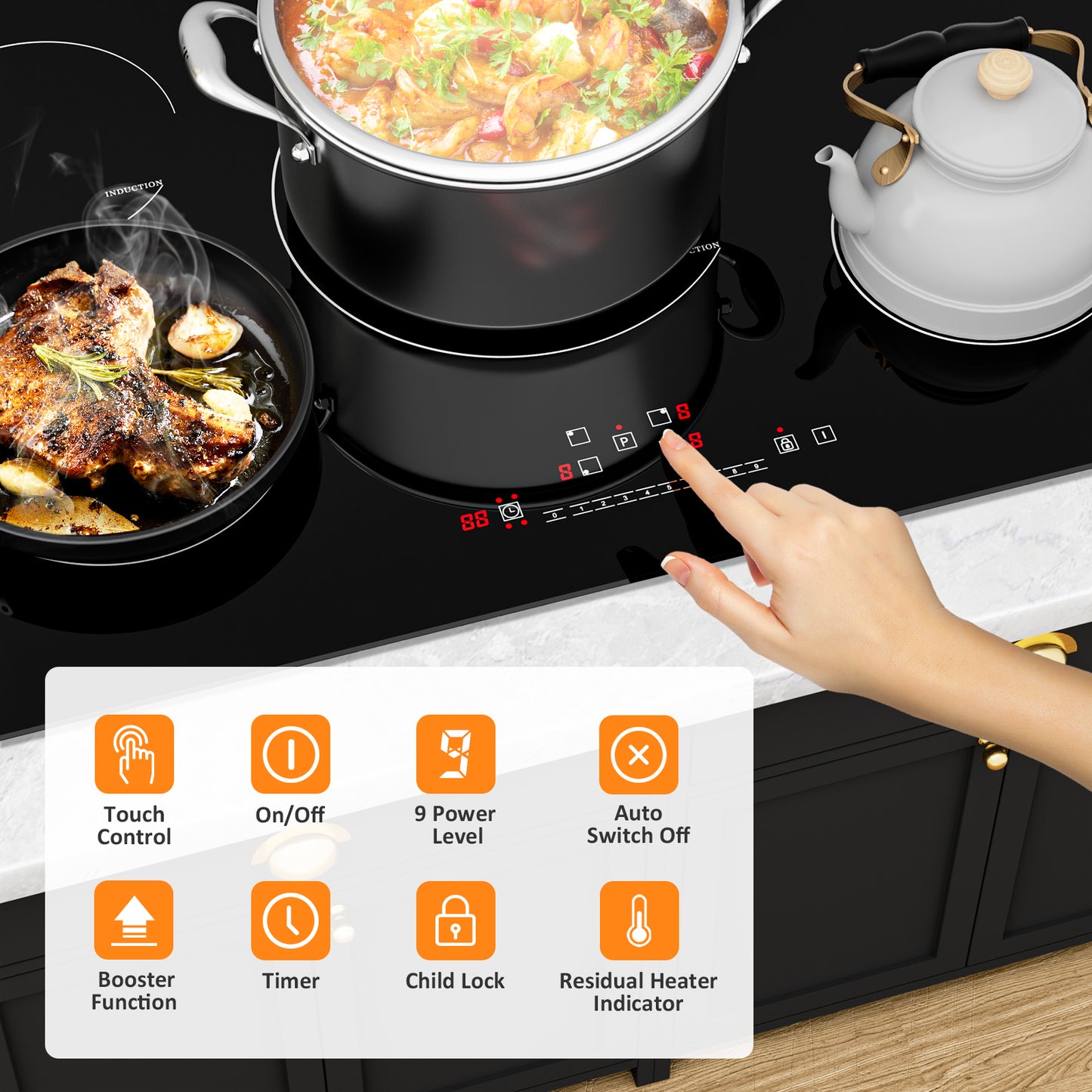 IsEasy Ceramic Cooktop, 30" 4 Burners Induction Stovetop, 9 Power Levels, Sensor Touch Control, Child Safety Lock, Timer