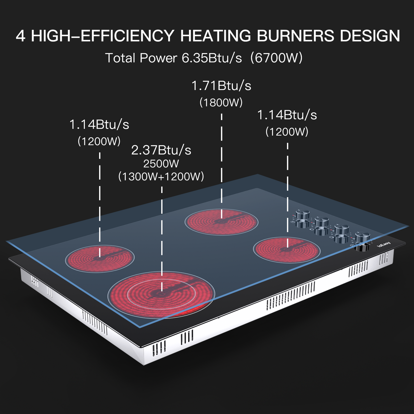 IsEasy Ceramic Cooktop with Knob, 30" 4 Burners Electric Stove, 6700W 220V