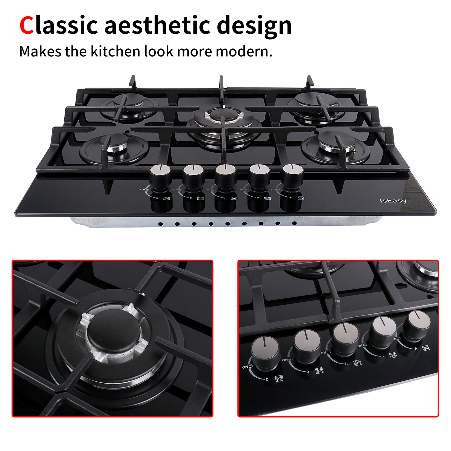 IsEasy Gas Cooktop, 28” 5 Burners Built-in Gas Hob, Tempered Glass Stove Top