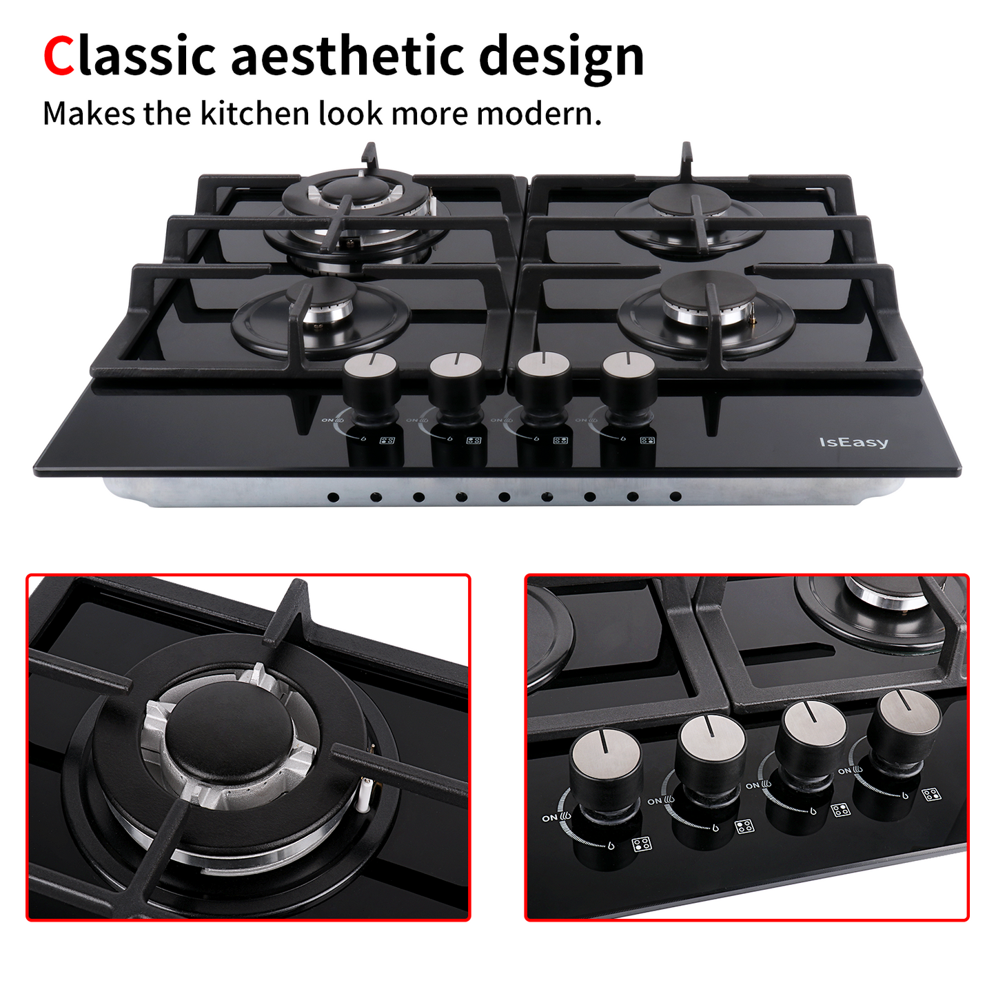 IsEasy Gas Cooktop, 24” 3 Burners Built-in Gas Hob, Tempered Glass Stove Top