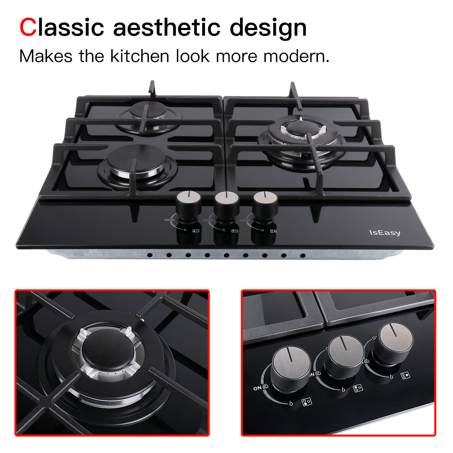 IsEasy Gas Cooktop, 24” 4 Burners Built-in Gas Hob, Tempered Glass Stove Top