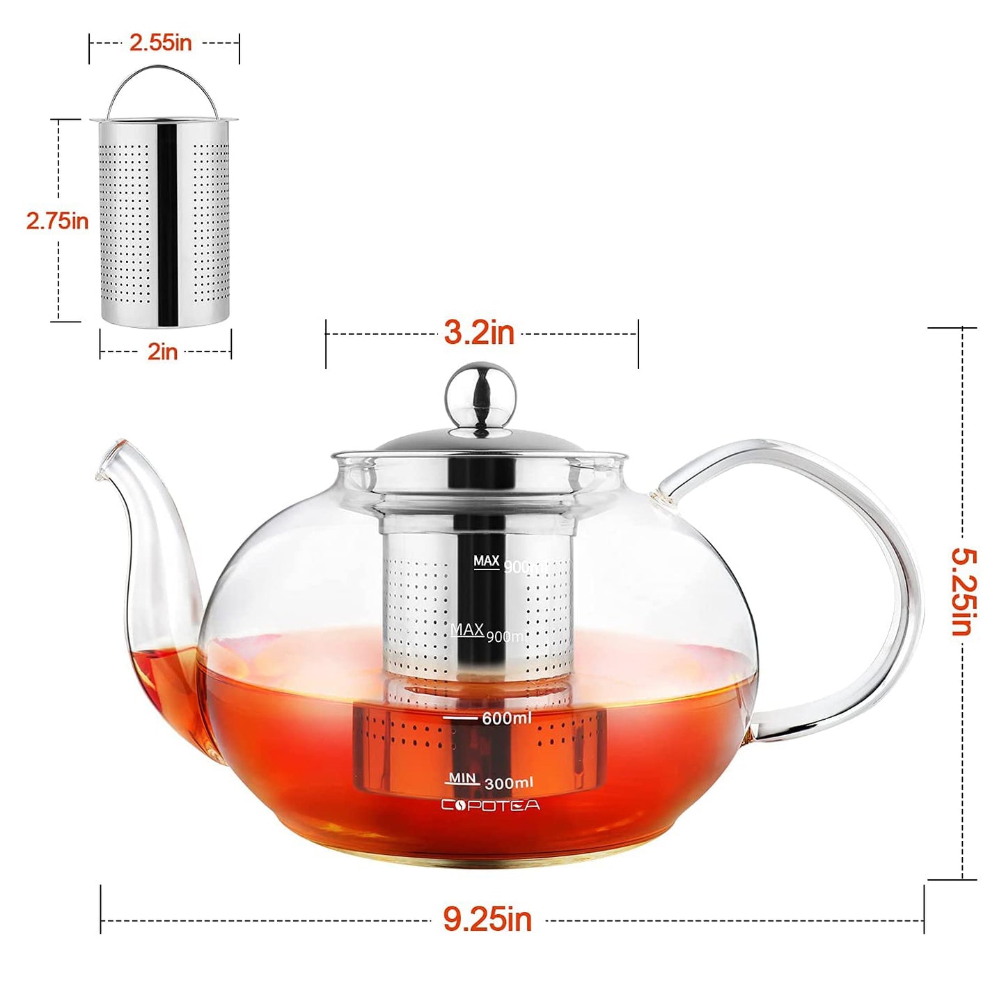 COPOTEA Teapot Set with Infuser, 40oz (1200ml) Clear Round Tea Kettle and 4 Cups