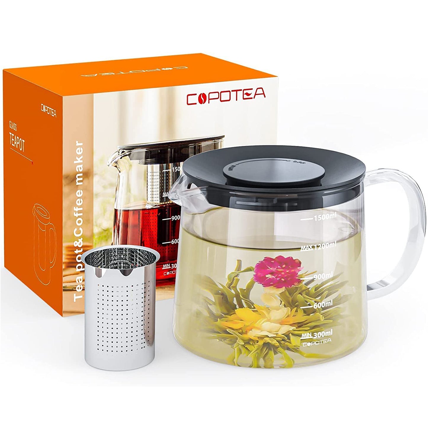 COPOTEA Clear Teapot with Infuser, 50oz (1500ml) Clear Tea Kettle