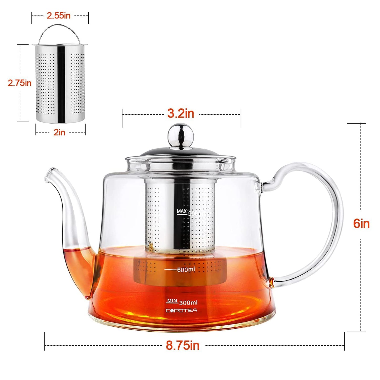 COPOTEA Teapot Set with Infuser, 40oz (1200ml) Clear Square Tea Kettle and 4 Cups