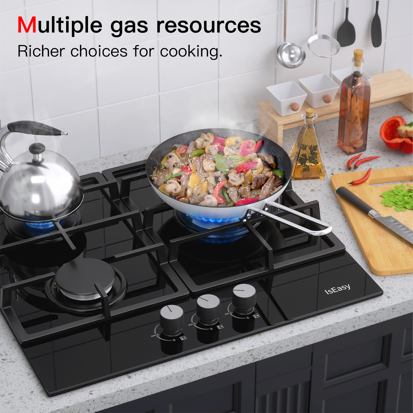 IsEasy Gas Cooktop, 24” 3 Burners Built-in Gas Hob, Tempered Glass Stove Top