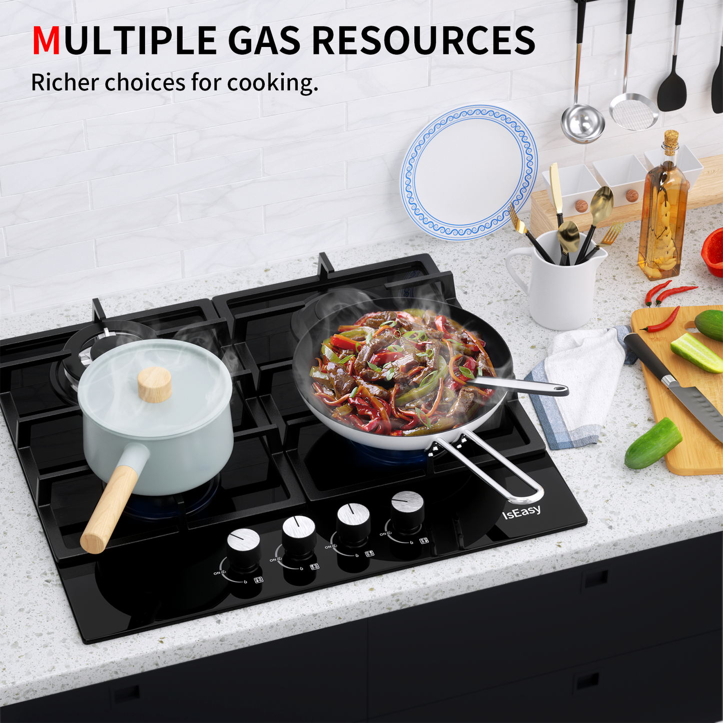 IsEasy Gas Cooktop, 24” 4 Burners Built-in Gas Hob, Tempered Glass Stove Top