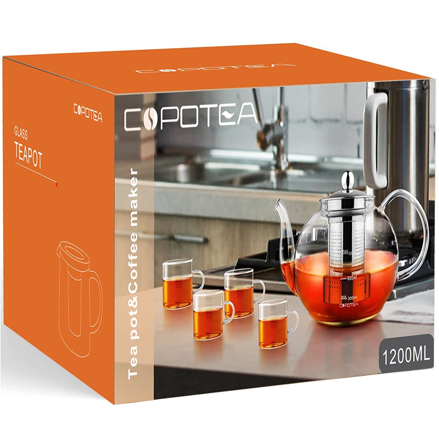 COPOTEA Teapot Set with Infuser, 40oz (1200ml) Clear Round Tea Kettle and 4 Cups