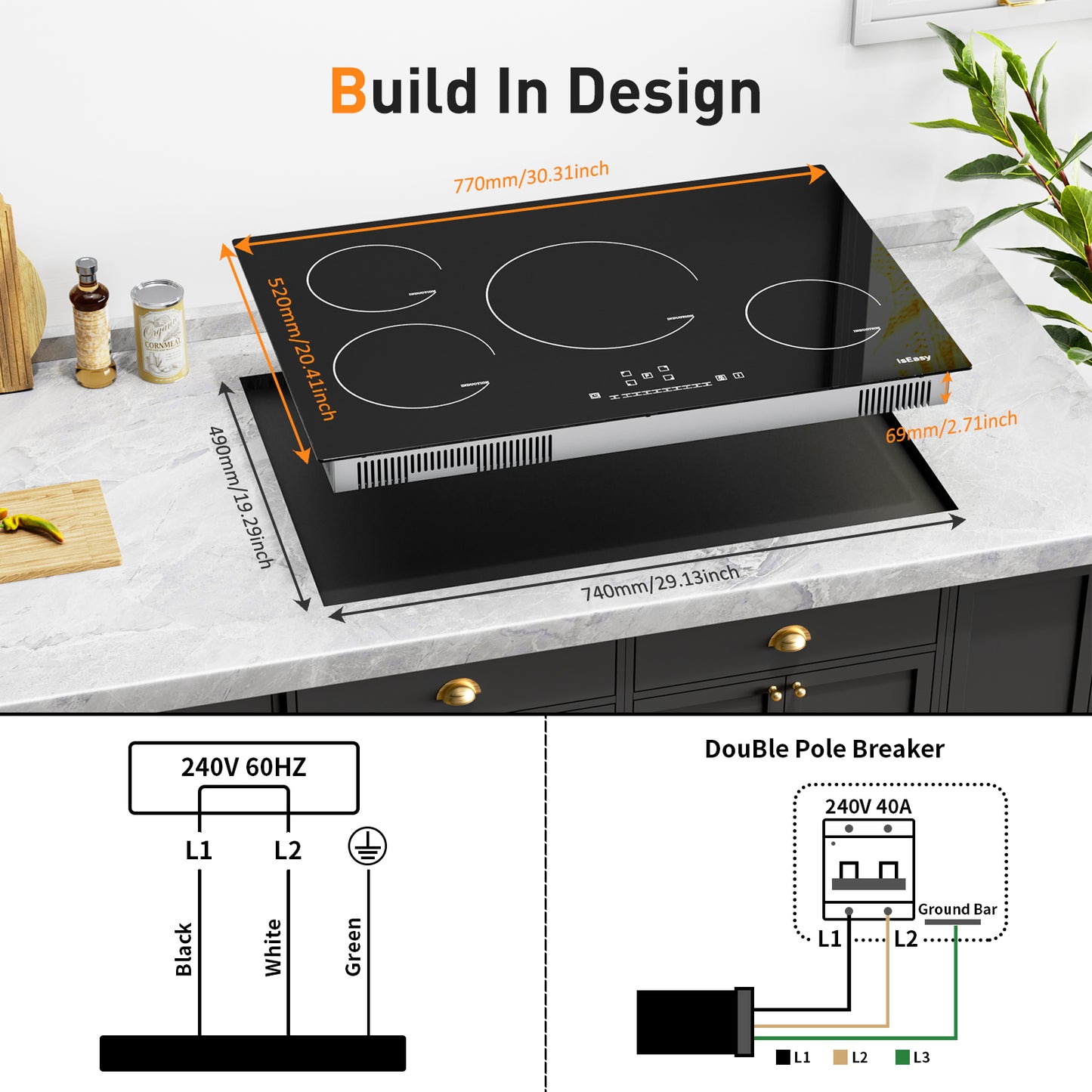 IsEasy Ceramic Cooktop, 30" 4 Burners Induction Stovetop, 9 Power Levels, Sensor Touch Control, Child Safety Lock, Timer