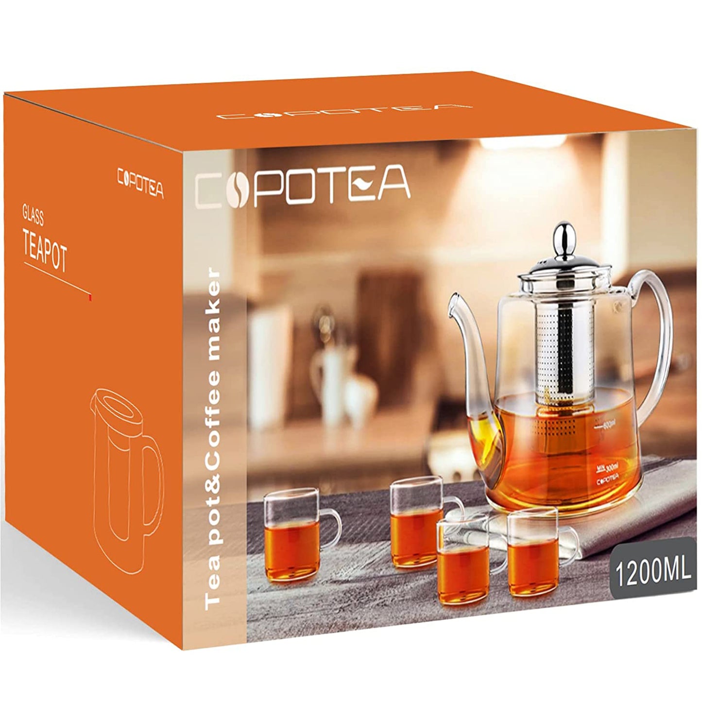 COPOTEA Teapot Set with Infuser, 40oz (1200ml) Clear Square Tea Kettle and 4 Cups