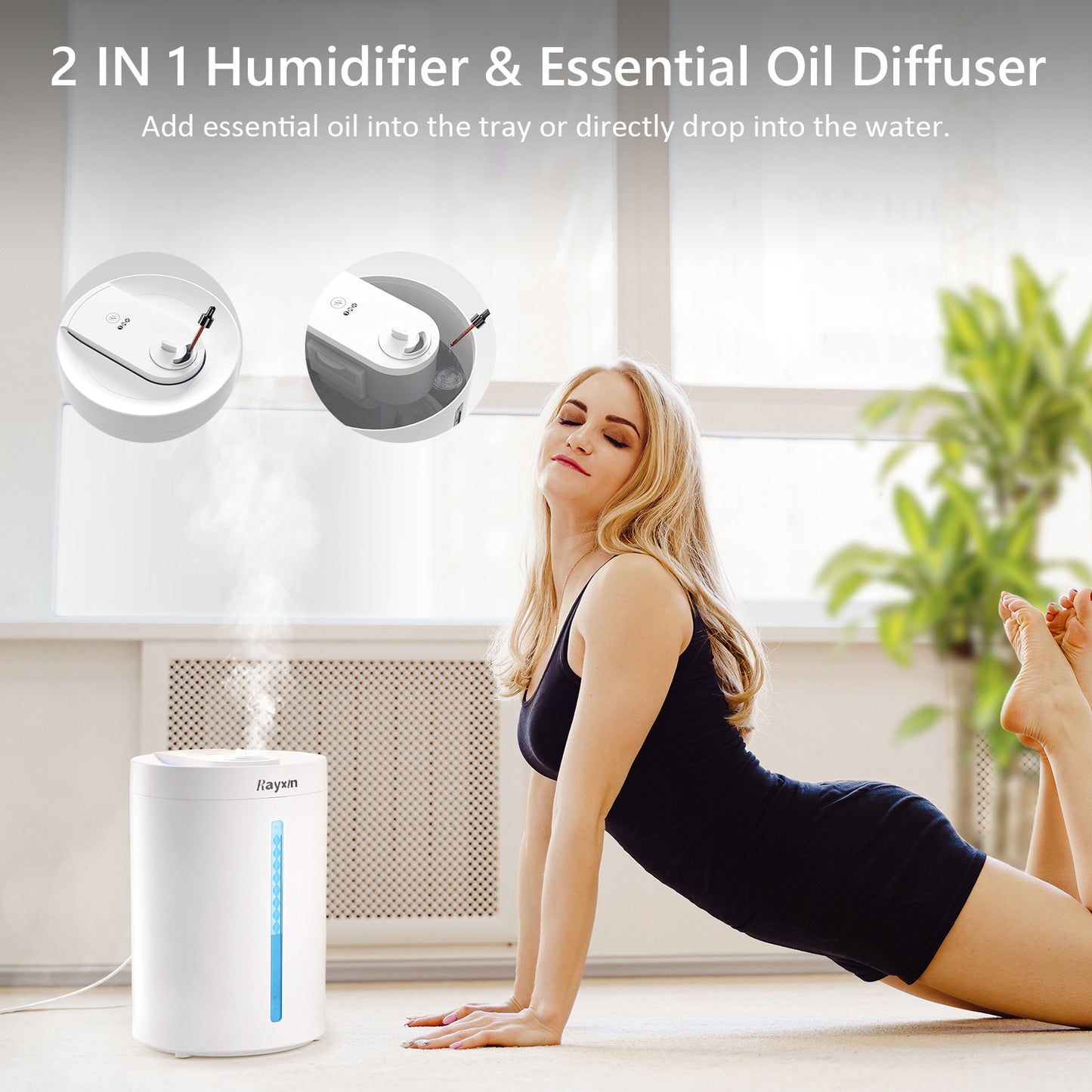 Rayxin Air Humidifier, Filter-Free Ultrasonic Cool Mist, 4L Essential Oil Diffuser, White