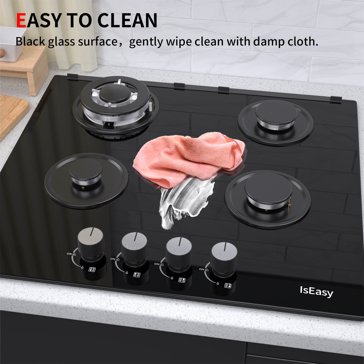 IsEasy Gas Cooktop, 24” 4 Burners Built-in Gas Hob, Tempered Glass Stove Top